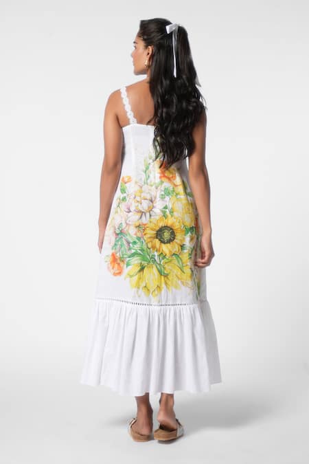Shop Ekastories White Linen Lace Square Neck Wanderlust Sunflower Magic Print Midi Dress at Aza Fashions Shop_Ekastories_White Linen Lace Square Neck Wanderlust Sunflower Magic Print Midi Dress_at_Aza_Fashions