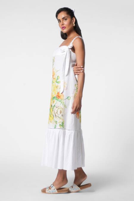 Ekastories White Linen Lace Square Neck Wanderlust Sunflower Magic Print Midi Dress Online at Aza Fashions Ekastories_White Linen Lace Square Neck Wanderlust Sunflower Magic Print Midi Dress_Online_at_Aza_Fashions
