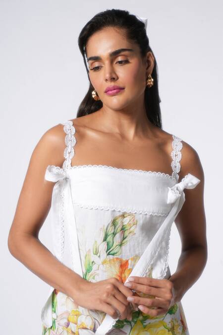 Buy Ekastories White Linen Lace Square Neck Wanderlust Sunflower Magic Print Midi Dress Online at Aza Fashions Buy_Ekastories_White Linen Lace Square Neck Wanderlust Sunflower Magic Print Midi Dress_Online_at_Aza_Fashions