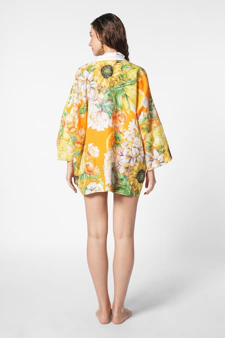 Shop Ekastories Orange Fleece Lace Open Neck Nautical Nirvana Botanic Bloom Print Jacket at Aza Fashions Shop_Ekastories_Orange Fleece Lace Open Neck Nautical Nirvana Botanic Bloom Print Jacket_at_Aza_Fashions