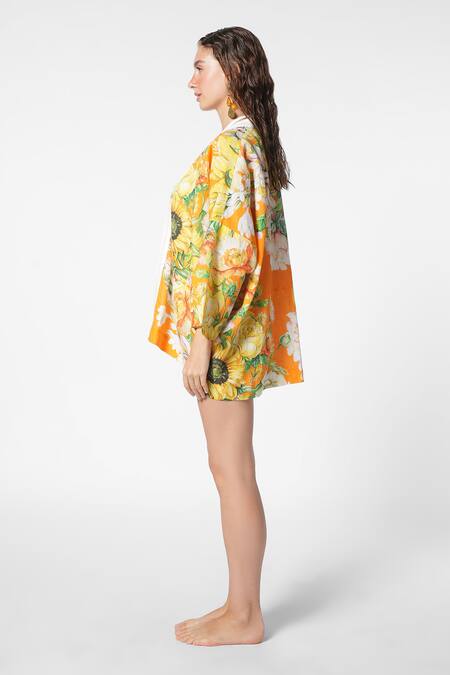 Ekastories Orange Fleece Lace Open Neck Nautical Nirvana Botanic Bloom Print Jacket Online at Aza Fashions Ekastories_Orange Fleece Lace Open Neck Nautical Nirvana Botanic Bloom Print Jacket_Online_at_Aza_Fashions