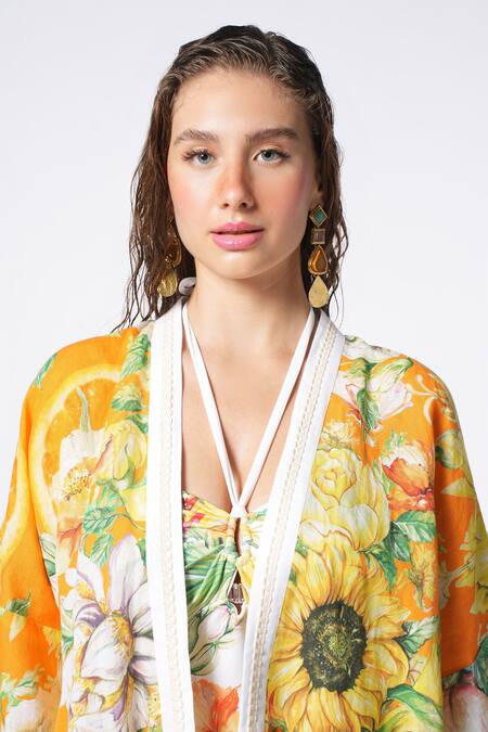 Buy Ekastories Orange Fleece Lace Open Neck Nautical Nirvana Botanic Bloom Print Jacket Online at Aza Fashions Buy_Ekastories_Orange Fleece Lace Open Neck Nautical Nirvana Botanic Bloom Print Jacket_Online_at_Aza_Fashions
