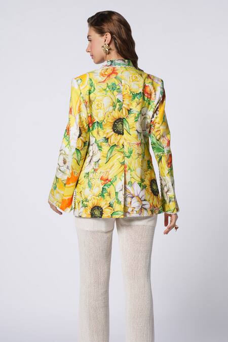 Shop Ekastories Yellow Cotton Tropical Twilight Blossom Print Blazer at Aza Fashions Shop_Ekastories_Yellow Cotton Tropical Twilight Blossom Print Blazer_at_Aza_Fashions