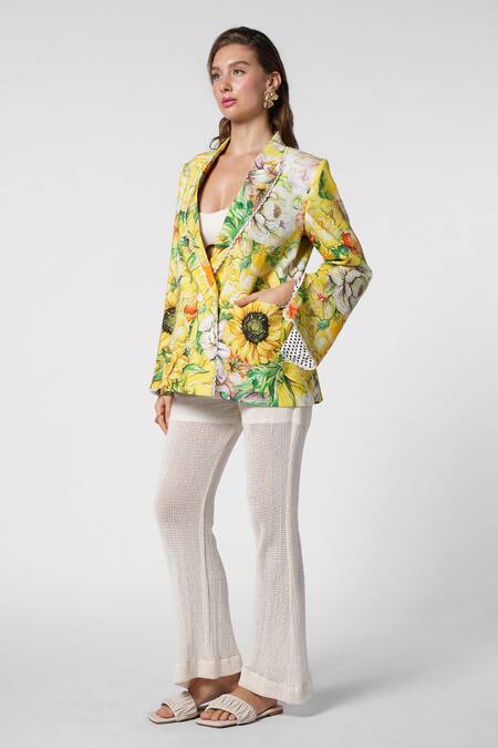 Ekastories Yellow Cotton Tropical Twilight Blossom Print Blazer Online at Aza Fashions Ekastories_Yellow Cotton Tropical Twilight Blossom Print Blazer_Online_at_Aza_Fashions