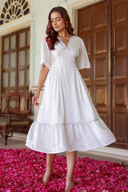 Buy_Gulaal_White Modal, Satin Sequins V-neck Embroidered Midi Dress _Online_at_Aza_Fashions