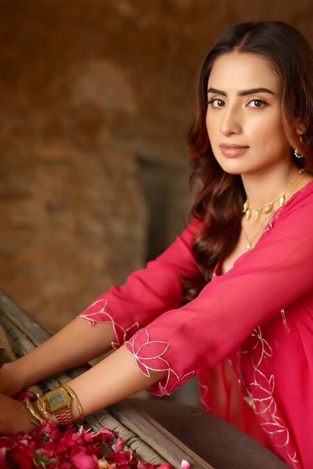 Gulaal_Pink Georgette, Cotton Satin Sequins, Cut Work Round Embroidered Kurta Shrug Set _Online_at_Aza_Fashions