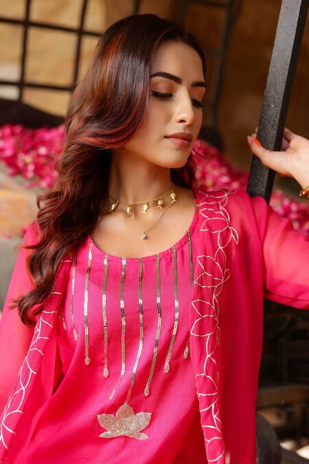 Buy_Gulaal_Pink Georgette, Cotton Satin Sequins, Cut Work Round Embroidered Kurta Shrug Set _Online_at_Aza_Fashions