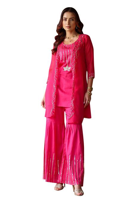 Shop_Gulaal_Pink Georgette, Cotton Satin Sequins, Cut Work Round Embroidered Kurta Shrug Set _Online_at_Aza_Fashions