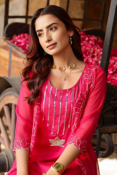 Gulaal_Pink Georgette, Cotton Satin Sequins, Cut Work Round Embroidered Kurta Shrug Set _at_Aza_Fashions