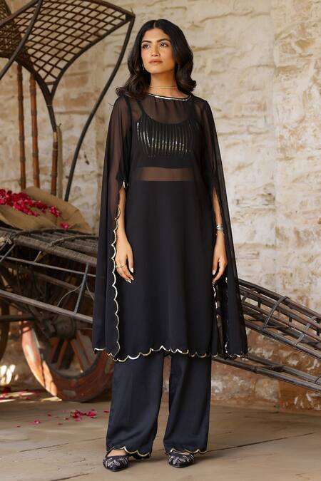 Gulaal_Black Cotton Satin, Georgette Round Neck Embroidered Kurta Pant Set _Online_at_Aza_Fashions