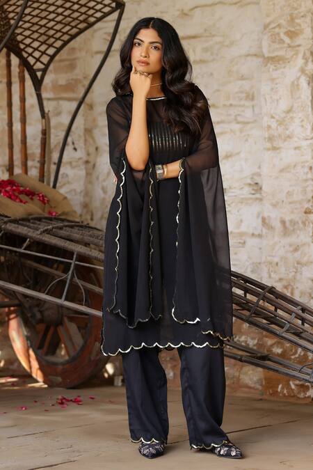 Buy_Gulaal_Black Cotton Satin, Georgette Round Neck Embroidered Kurta Pant Set _Online_at_Aza_Fashions