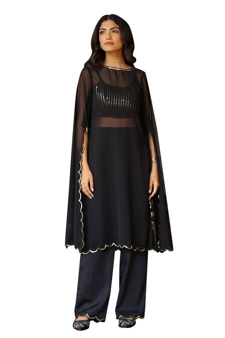Gulaal_Black Cotton Satin, Georgette Round Neck Embroidered Kurta Pant Set _at_Aza_Fashions