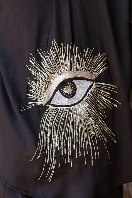 Gulaal Black Cotton Satin Cut Work, Sequins Collared Embroidered Shirt And Pant Set Online at Aza Fashions Gulaal_Black Cotton Satin Cut Work, Sequins Collared Embroidered Shirt And Pant Set _Online_at_Aza_Fashions