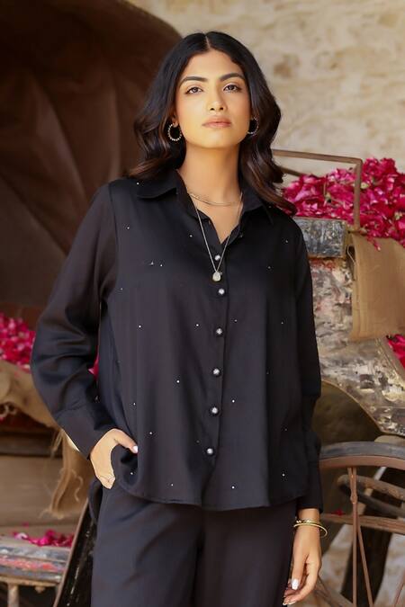 Buy Gulaal Black Cotton Satin Cut Work, Sequins Collared Embroidered Shirt And Pant Set Online at Aza Fashions Buy_Gulaal_Black Cotton Satin Cut Work, Sequins Collared Embroidered Shirt And Pant Set _Online_at_Aza_Fashions