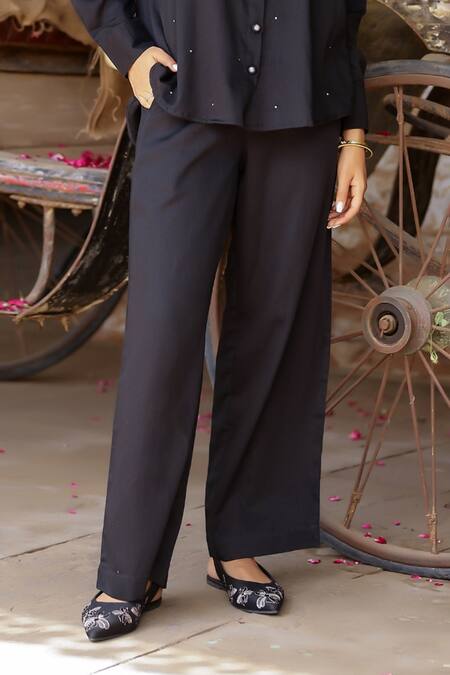 Shop Gulaal Black Cotton Satin Cut Work, Sequins Collared Embroidered Shirt And Pant Set Online at Aza Fashions Shop_Gulaal_Black Cotton Satin Cut Work, Sequins Collared Embroidered Shirt And Pant Set _Online_at_Aza_Fashions