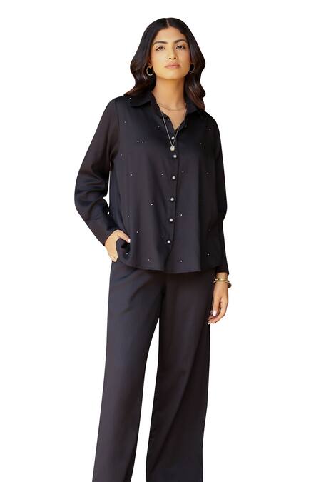 Gulaal Black Cotton Satin Cut Work, Sequins Collared Embroidered Shirt And Pant Set at Aza Fashions Gulaal_Black Cotton Satin Cut Work, Sequins Collared Embroidered Shirt And Pant Set _at_Aza_Fashions