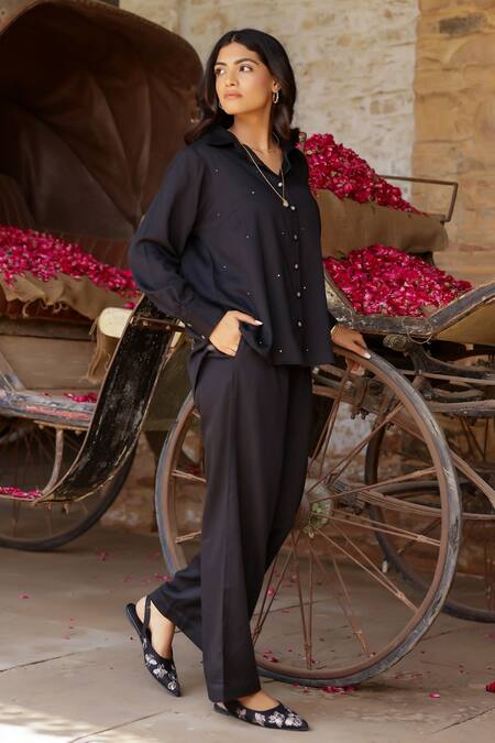 Buy Gulaal Black Cotton Satin Cut Work, Sequins Collared Embroidered Shirt And Pant Set Buy_Gulaal_Black Cotton Satin Cut Work, Sequins Collared Embroidered Shirt And Pant Set