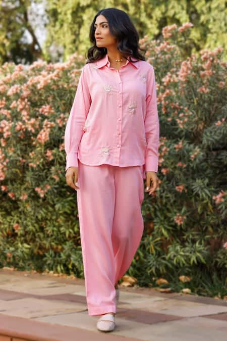 Gulaal Pink Cotton Satin Embroidered Pitthan Collared Shirt And Pant Set 