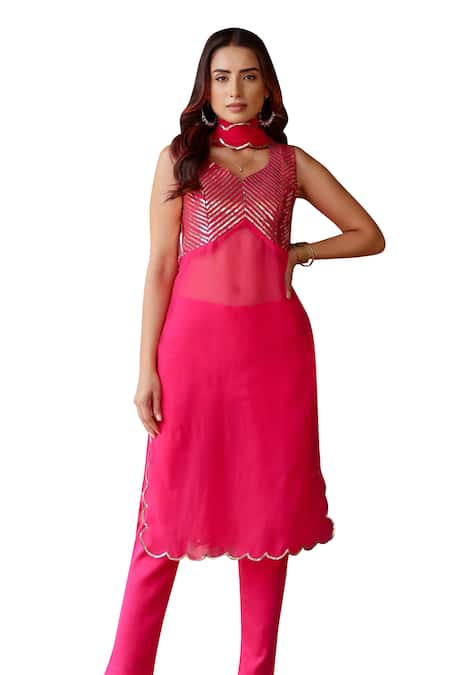 Buy Gulaal Pink Georgette, Cotton Satin Sequins Straight Embroidered Kurta Pant Set Online at Aza Fashions Buy_Gulaal_Pink Georgette, Cotton Satin Sequins Straight Embroidered Kurta Pant Set _Online_at_Aza_Fashions