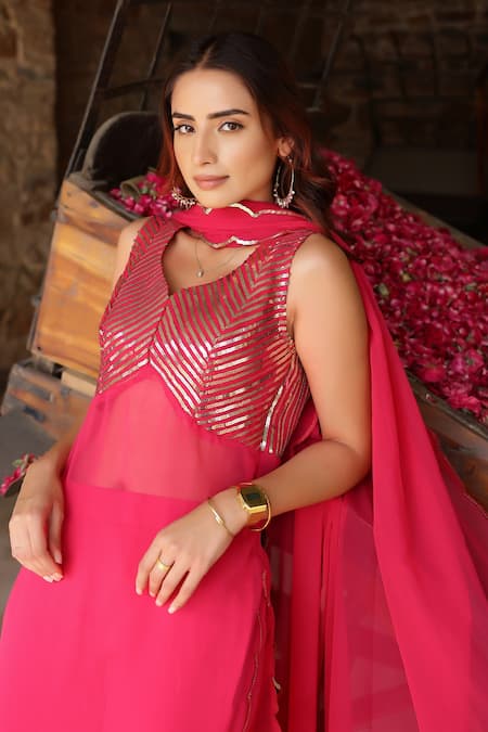 Shop Gulaal Pink Georgette, Cotton Satin Sequins Straight Embroidered Kurta Pant Set Online at Aza Fashions Shop_Gulaal_Pink Georgette, Cotton Satin Sequins Straight Embroidered Kurta Pant Set _Online_at_Aza_Fashions