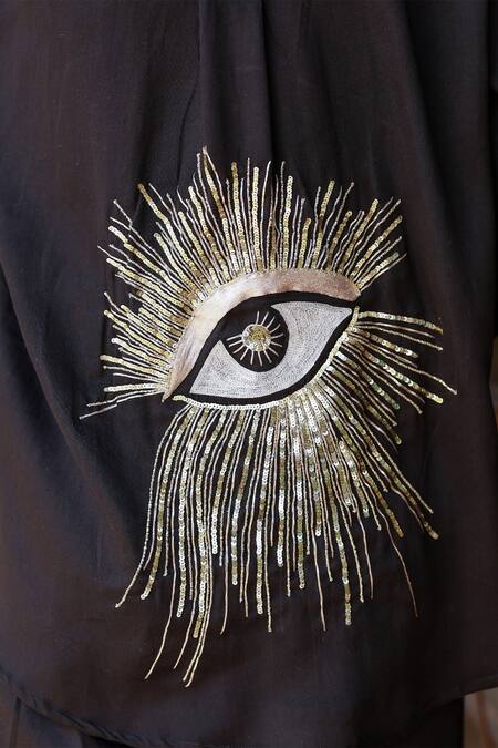 Gulaal_Black Modal, Satin Embroidery Collared Pitthan Evil Eye Back Top _Online_at_Aza_Fashions