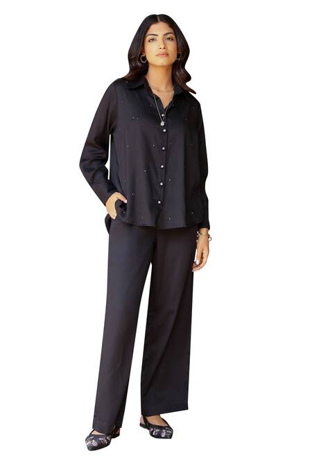 Buy_Gulaal_Black Modal, Satin Embroidery Collared Pitthan Evil Eye Back Top _Online_at_Aza_Fashions