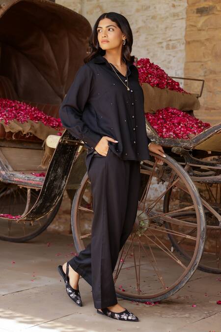 Shop_Gulaal_Black Modal, Satin Embroidery Collared Pitthan Evil Eye Back Top _Online_at_Aza_Fashions