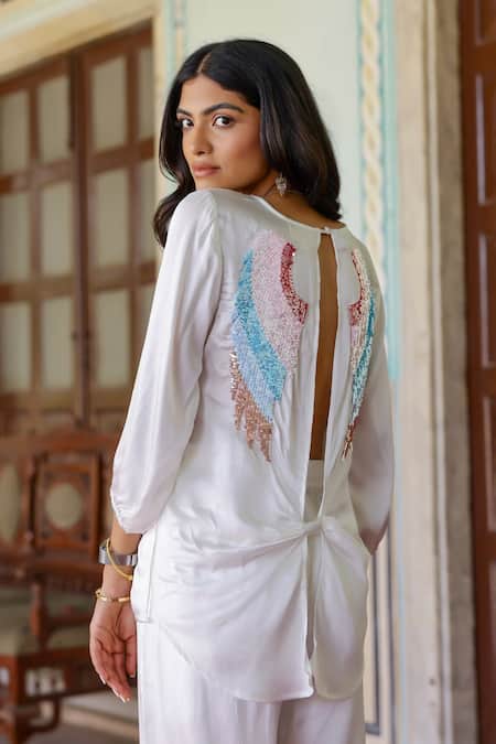 Gulaal White Modal, Satin Sequins Scoop Neck Embroidered Back Top Online at Aza Fashions Gulaal_White Modal, Satin Sequins Scoop Neck Embroidered Back Top _Online_at_Aza_Fashions
