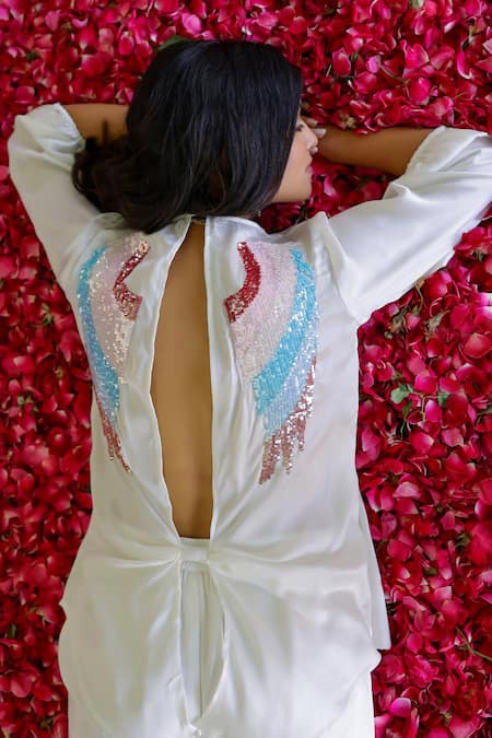 Shop Gulaal White Modal, Satin Sequins Scoop Neck Embroidered Back Top Online at Aza Fashions Shop_Gulaal_White Modal, Satin Sequins Scoop Neck Embroidered Back Top _Online_at_Aza_Fashions