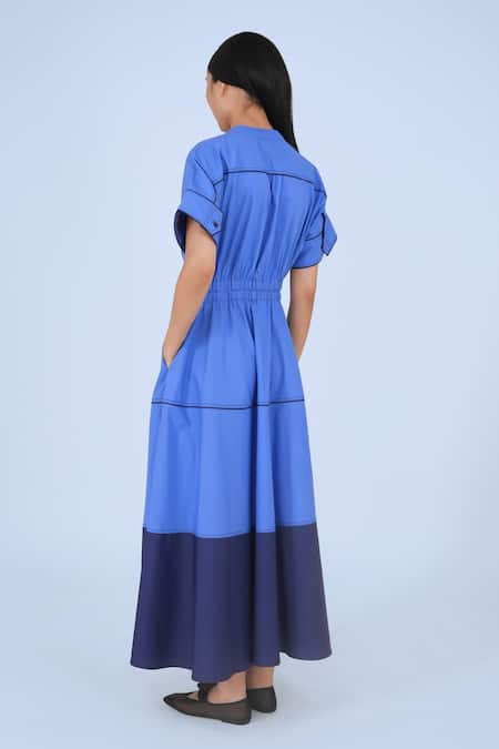 Shop_Leh Studios_Blue 100% Cotton Plain Round Collar Obi Color Block Dress _at_Aza_Fashions