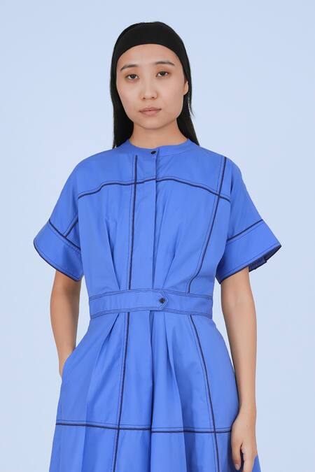 Leh Studios_Blue 100% Cotton Plain Round Collar Obi Color Block Dress _Online_at_Aza_Fashions