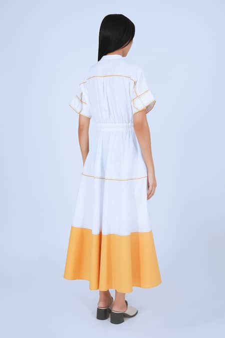 Shop Leh Studios Yellow Cotton Round Neck Obi Two Tone Dress at Aza Fashions Shop_Leh Studios_Yellow Cotton Round Neck Obi Two Tone Dress _at_Aza_Fashions