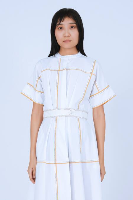 Leh Studios Yellow Cotton Round Neck Obi Two Tone Dress Online at Aza Fashions Leh Studios_Yellow Cotton Round Neck Obi Two Tone Dress _Online_at_Aza_Fashions