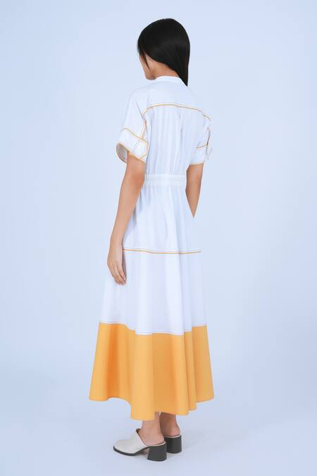 Shop Leh Studios Yellow Cotton Round Neck Obi Two Tone Dress Online at Aza Fashions Shop_Leh Studios_Yellow Cotton Round Neck Obi Two Tone Dress _Online_at_Aza_Fashions