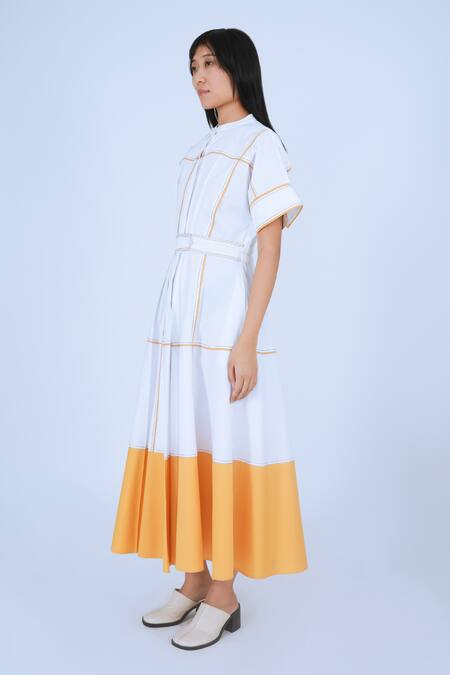 Leh Studios Yellow Cotton Round Neck Obi Two Tone Dress at Aza Fashions Leh Studios_Yellow Cotton Round Neck Obi Two Tone Dress _at_Aza_Fashions