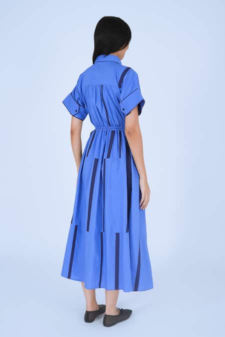 Shop Leh Studios Blue Cotton Collared Midi Tape Tong Dress at Aza Fashions Shop_Leh Studios_Blue Cotton Collared Midi Tape Tong Dress _at_Aza_Fashions