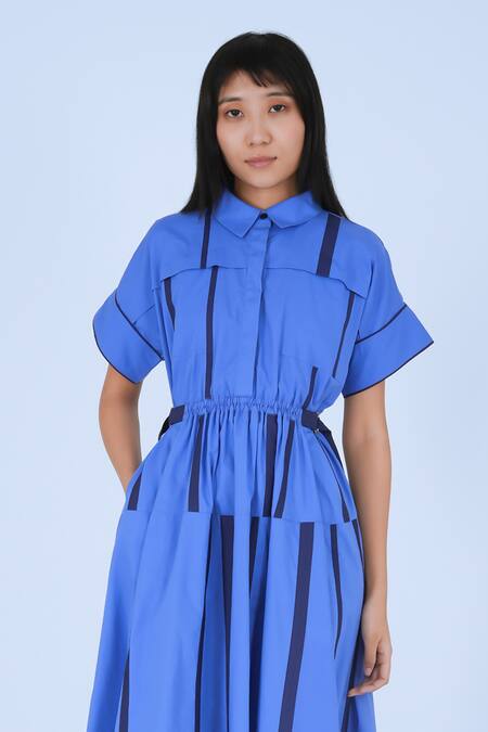 Leh Studios Blue Cotton Collared Midi Tape Tong Dress Online at Aza Fashions Leh Studios_Blue Cotton Collared Midi Tape Tong Dress _Online_at_Aza_Fashions