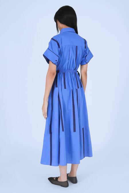 Shop Leh Studios Blue Cotton Collared Midi Tape Tong Dress Online at Aza Fashions Shop_Leh Studios_Blue Cotton Collared Midi Tape Tong Dress _Online_at_Aza_Fashions