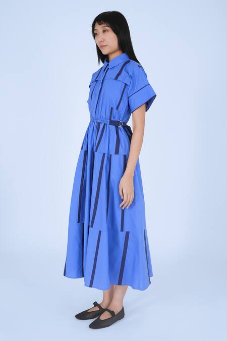 Leh Studios Blue Cotton Collared Midi Tape Tong Dress at Aza Fashions Leh Studios_Blue Cotton Collared Midi Tape Tong Dress _at_Aza_Fashions