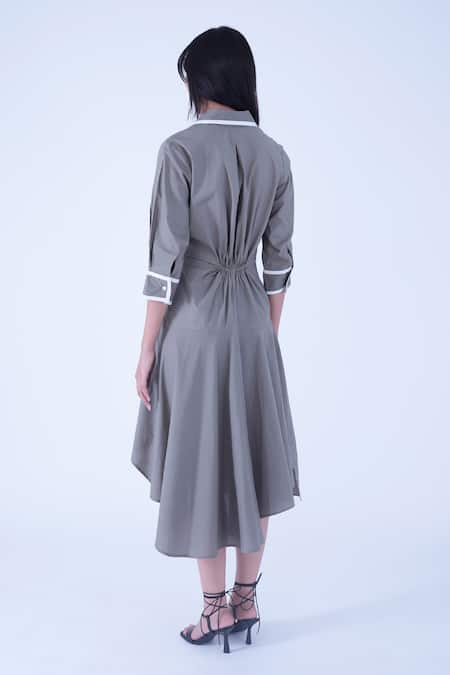 Shop Leh Studios Grey Cotton Piping Collared Ame Contrast Tie Up Waist Dress at Aza Fashions Shop_Leh Studios_Grey Cotton Piping Collared Ame Contrast Tie Up Waist Dress _at_Aza_Fashions