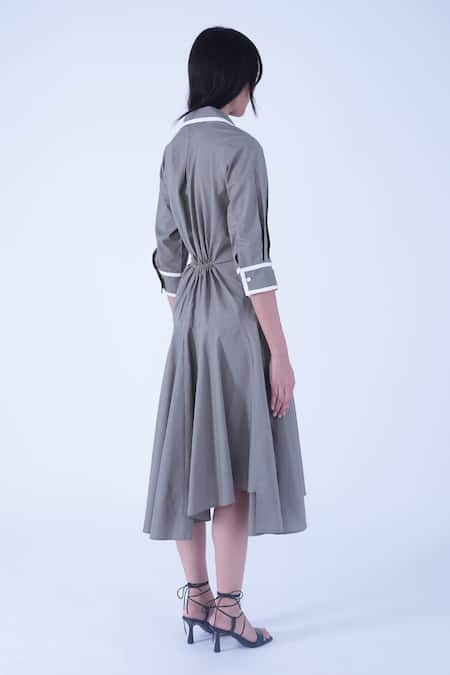 Leh Studios Grey Cotton Piping Collared Ame Contrast Tie Up Waist Dress Online at Aza Fashions Leh Studios_Grey Cotton Piping Collared Ame Contrast Tie Up Waist Dress _Online_at_Aza_Fashions