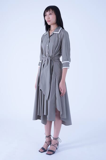 Buy Leh Studios Grey Cotton Piping Collared Ame Contrast Tie Up Waist Dress Online at Aza Fashions Buy_Leh Studios_Grey Cotton Piping Collared Ame Contrast Tie Up Waist Dress _Online_at_Aza_Fashions