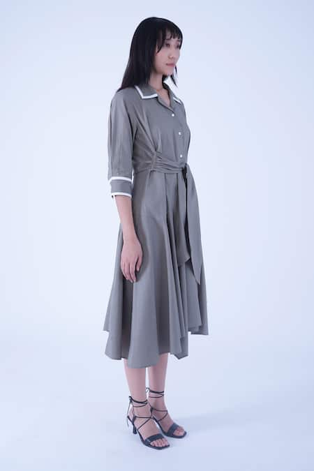 Shop Leh Studios Grey Cotton Piping Collared Ame Contrast Tie Up Waist Dress Online at Aza Fashions Shop_Leh Studios_Grey Cotton Piping Collared Ame Contrast Tie Up Waist Dress _Online_at_Aza_Fashions
