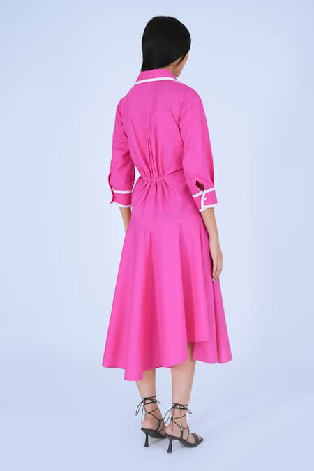 Shop Leh Studios Pink Cotton Piping Collared Ame Contrast Dress at Aza Fashions Shop_Leh Studios_Pink Cotton Piping Collared Ame Contrast Dress _at_Aza_Fashions