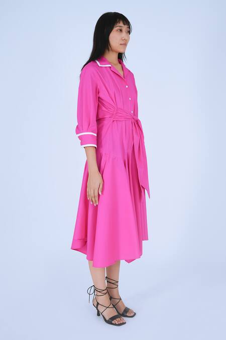 Leh Studios Pink Cotton Piping Collared Ame Contrast Dress Online at Aza Fashions Leh Studios_Pink Cotton Piping Collared Ame Contrast Dress _Online_at_Aza_Fashions