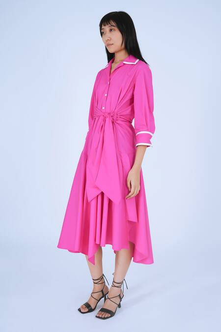 Shop Leh Studios Pink Cotton Piping Collared Ame Contrast Dress Online at Aza Fashions Shop_Leh Studios_Pink Cotton Piping Collared Ame Contrast Dress _Online_at_Aza_Fashions