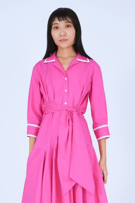 Leh Studios Pink Cotton Piping Collared Ame Contrast Dress at Aza Fashions Leh Studios_Pink Cotton Piping Collared Ame Contrast Dress _at_Aza_Fashions