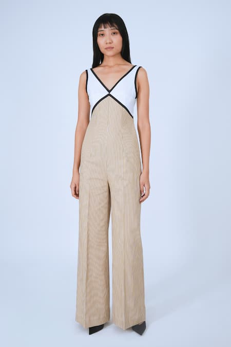 Leh Studios Bamboo Striped & Contrast Piping Jumpsuit 