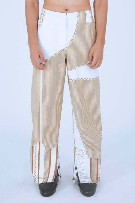 Buy_Leh Studios_Beige 100% Cotton Print Striped Bamboo Repurposed Pant _Online_at_Aza_Fashions