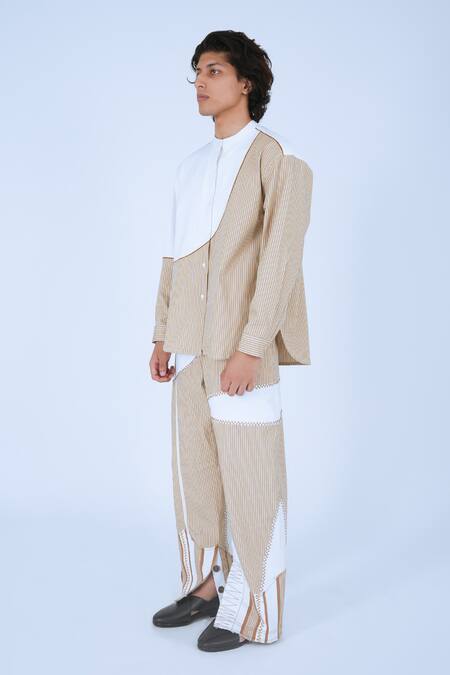 Leh Studios_Beige 100% Cotton Print Striped Bamboo Repurposed Pant _at_Aza_Fashions